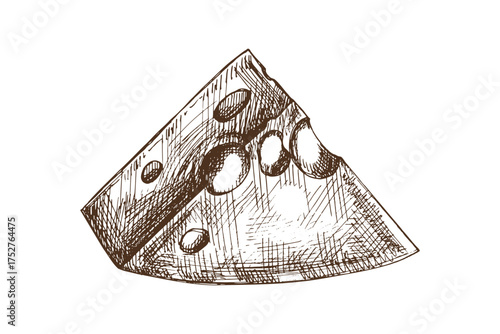 Hand drawn vintage sketch of swiss cheese wedge with round holes, detailed dairy food illustration in monochrome style