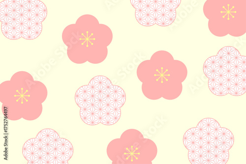 和風の梅の花模様と麻の葉柄が描かれたパステルカラーの背景イラスト　赤