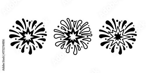 Fireworks Explosion Black Icon Bundle for New Year Celebration and Festive Party Design
