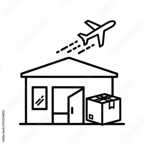 Small building with an airplane flying out of the roof as an icon