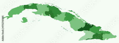Map of Cuba with regions. Just a simple country border map with region division. Green color palette. Flat Republic of Cuba shape with administrative division. Vector illustration.