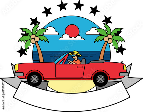 logotype of Convertible sports car on the beach