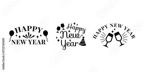 Happy New Year Lettering Black Icon Bundle for Festive Greeting and Celebration Typography