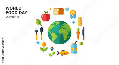 World Food Day conceptual illustration with the Earth globe surrounded by various healthy food icons on a white background.