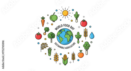 Illustration of World Food Day with the Earth at the center surrounded by various fruits and vegetables, symbolizing sustainable agriculture.