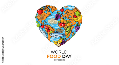 Heart-shaped Earth filled with diverse food items like fruits, vegetables, fish, and bread, celebrating World Food Day on October 16.