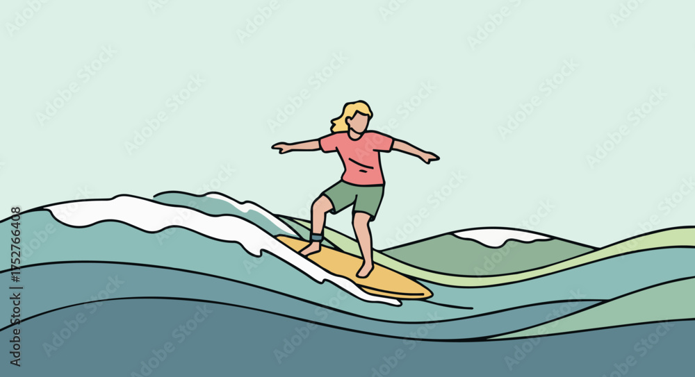 Fototapeta premium A woman surfing on a wave in the ocean with mountains in the background.