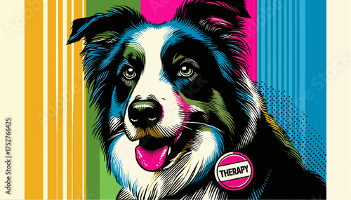 Close-up border collie with badge 'THERAPY', therapy dog in bright pop art style