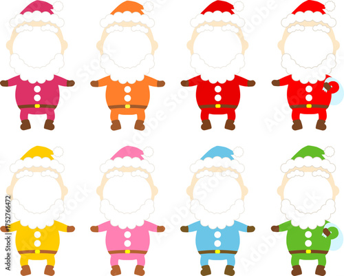 サンタクロースの顔だしパネルイラストテンプレート。カラフルなひと揃いのクリスマス飾り。Christmas Face-in-Hole Frame.  Santa Cutout Template