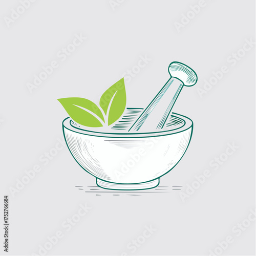 Herbal Medicine Mortar and Pestle with Leaves Illustration.