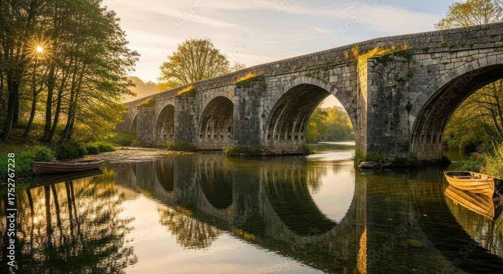 Fototapeta premium Ancient Stone Bridge Reflecting in Calm River at Sunrise, Portugal