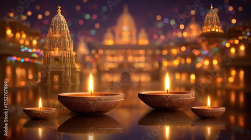Closeup of diwali oil lamps with blurred indian temple background, creating a festive atmosphere