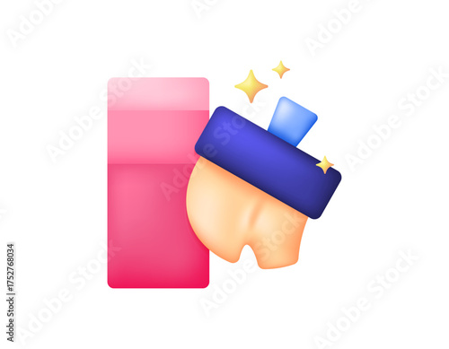 A concept of a cache and junk file cleaner. Space freer, RAM memory cleanup. Illustration of a memory space bar and a broom or brush. 3D style design. Elements, symbols, white background.