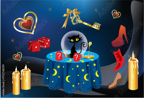 composition with a key and candles for a fortune telling evening