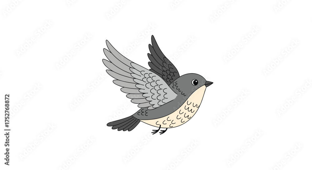 Obraz premium A small gray bird with speckled feathers is in flight with its wings spread wide.