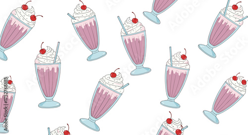 A delightful pattern of strawberry milkshakes with whipped cream and cherries.