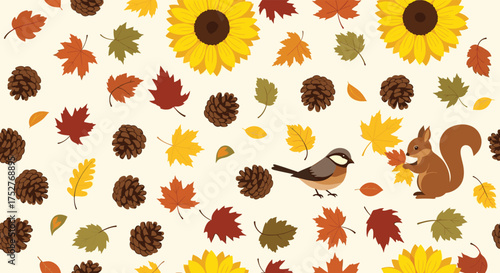 A delightful autumn scene with a busy squirrel and a curious bird amidst falling leaves and pinecones.