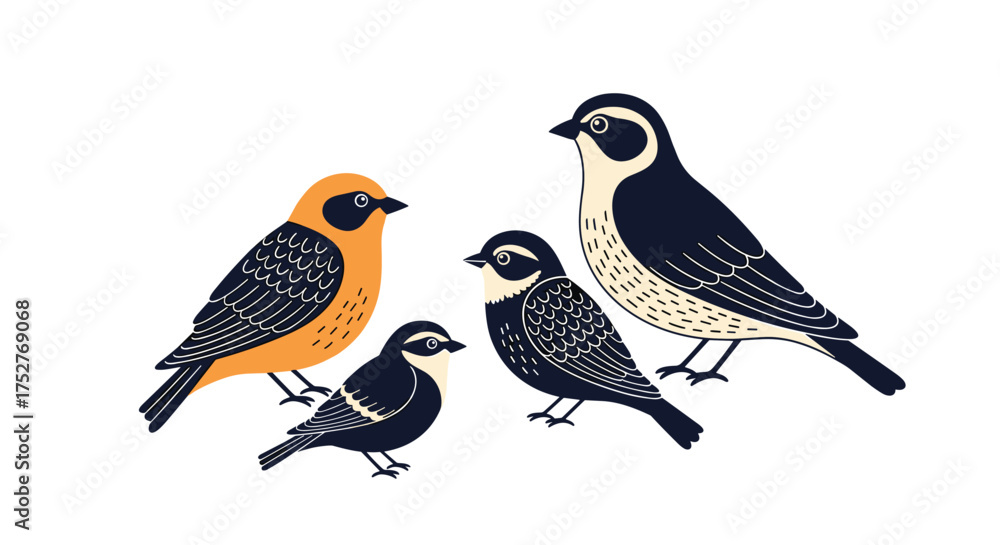 Fototapeta premium A charming illustration of four small birds perched together in a group.