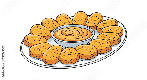 A plate of golden brown chicken nuggets surrounding a bowl of dipping sauce.