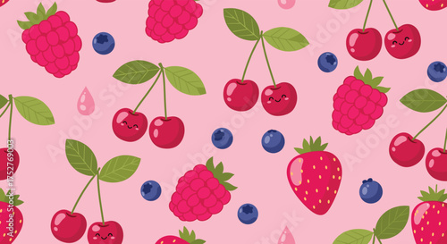 A sweet collection of pixelated cherries raspberries and blueberries.