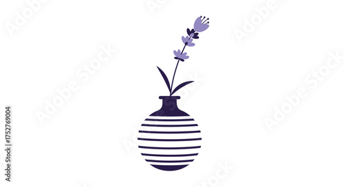A minimalist vase with horizontal stripes holds a single sprig of lavender.