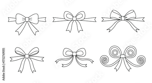 Set of decorative dashed ribbon bows and banners in a line drawing style.