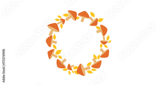 A circular arrangement of small orange mushrooms and yellow leaves creating a decorative frame.