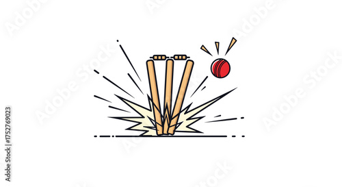 A cricket ball hitting the stumps and scattering them with an explosive impact.jpg