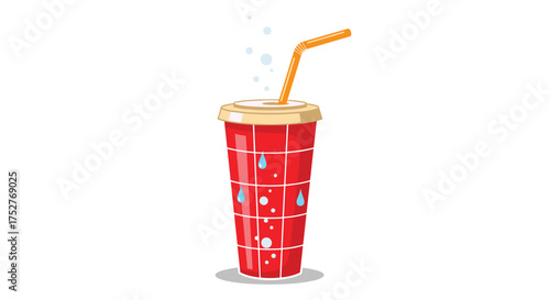 A refreshing red cup filled with a fizzy drink and a straw on a white background.