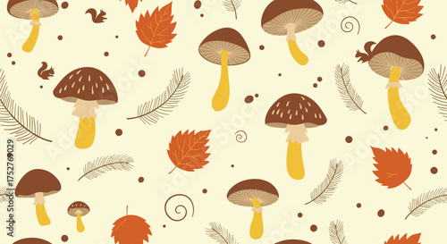 A whimsical autumn pattern featuring cute mushrooms and falling leaves.