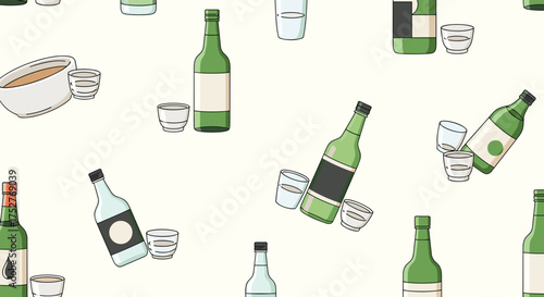 Seamless pattern of Korean soju bottles and small cups.