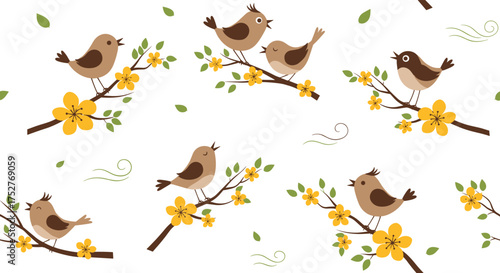 A charming pattern of small birds perched on flowering branches.