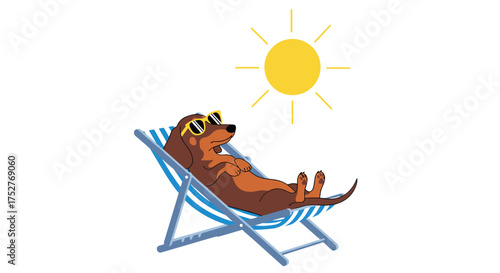 A happy dachshund enjoys a sunny day lounging in a beach chair wearing sunglasses.