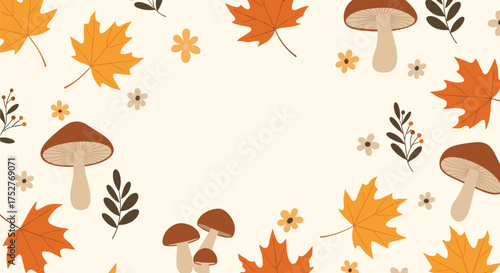 A cozy autumn scene with colorful falling leaves and mushrooms.