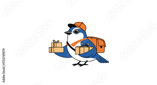 A cute cartoon bird wearing a delivery hat and backpack carrying packages.