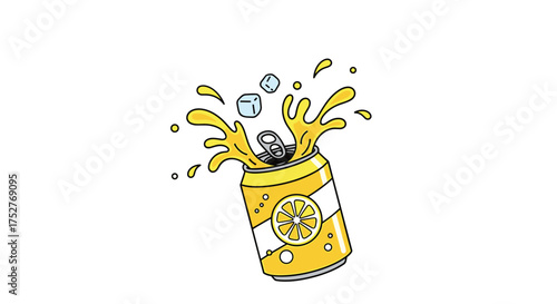 A refreshing burst of citrus soda splashing out of an open can.