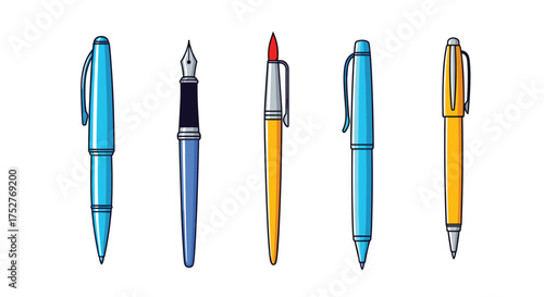 A colorful collection of five different writing instruments including ballpoint and fountain pens.