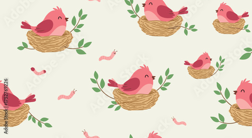 Cute little pink birds resting in nests with worms falling around them.
