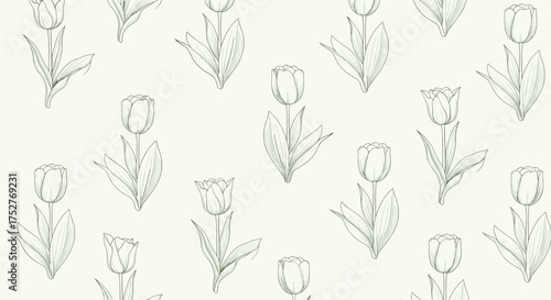 A delicate pattern of sketched tulips repeated across a pale green background.