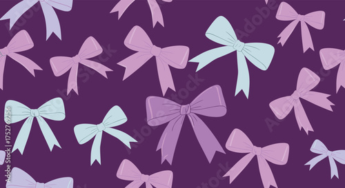 A charming collection of purple and blue pastel bows scattered across a dark purple background creating a whimsical decorative pattern.