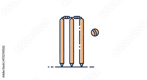 A simple graphic illustration of a cricket wicket and ball in motion.