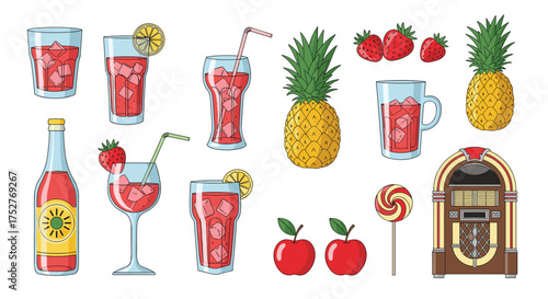 A collection of pixel art summer drinks fruits and a jukebox.