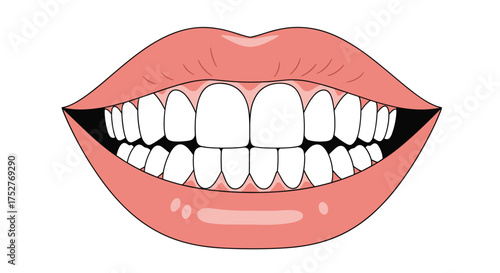 A close up of a set of white teeth in a mouth with pink lips and a white background.