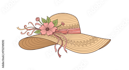 A charming wide-brimmed straw hat adorned with a delicate pink flower and ribbon.