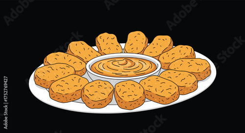 A generous plate of golden brown chicken nuggets surrounds a bowl of creamy dipping sauce.