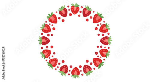 A circular pattern of delicious red strawberries with green leaves.