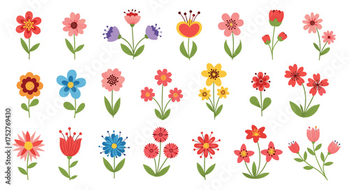 A collection of colorful stylized floral illustrations with detailed petals and stems.