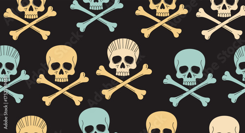 A repeating pattern of skulls and crossbones in various colors.