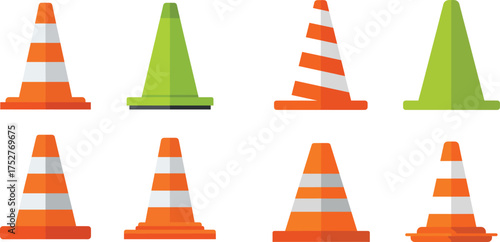 flat design vector set features a variety of safety and traffic cones in high-visibility orange and neon green colors. 