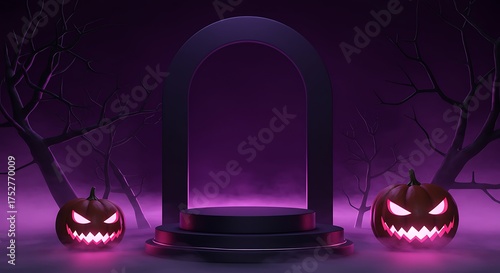 Spooky Halloween stage with glowing portal and pumpkins